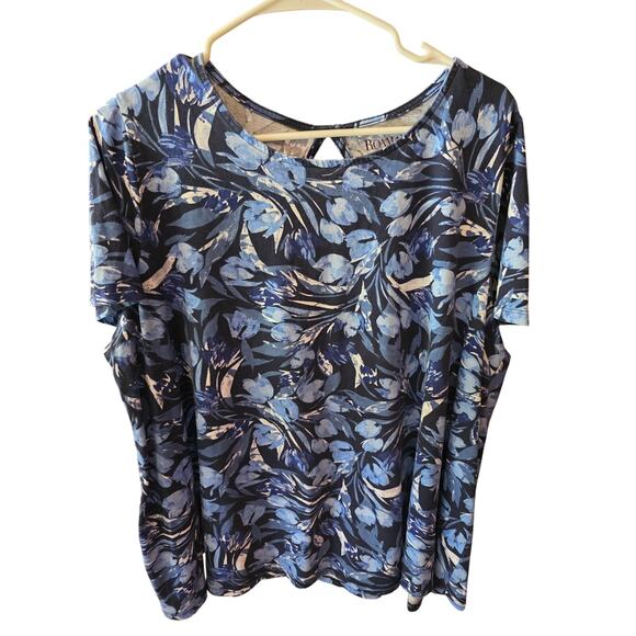 Roaman's Tops - Roaman's T Shirt 22/24 1x Womens Plus Size Blue Floral Key Hole Back Art Deco